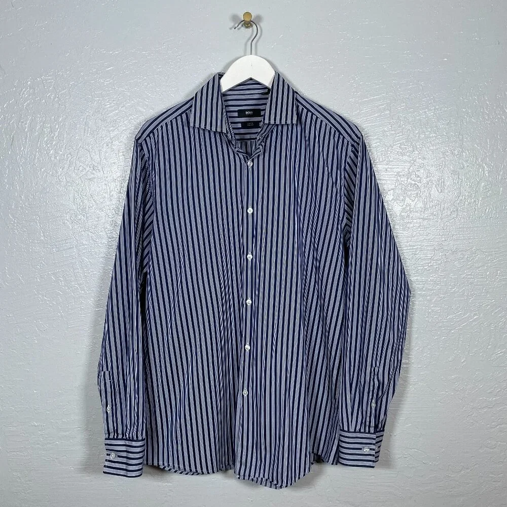Hugo Boss Men 43 17 Navy Blue White Stripe Shirt Slim Fit Two Ply Spread Collar - Picture 1 of 10